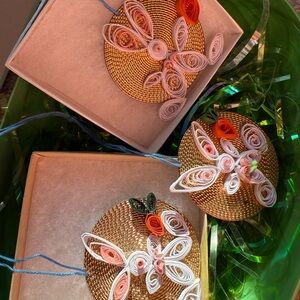 Handmade Gold Floral Quilling Pendant Necklace - Pink & Orange